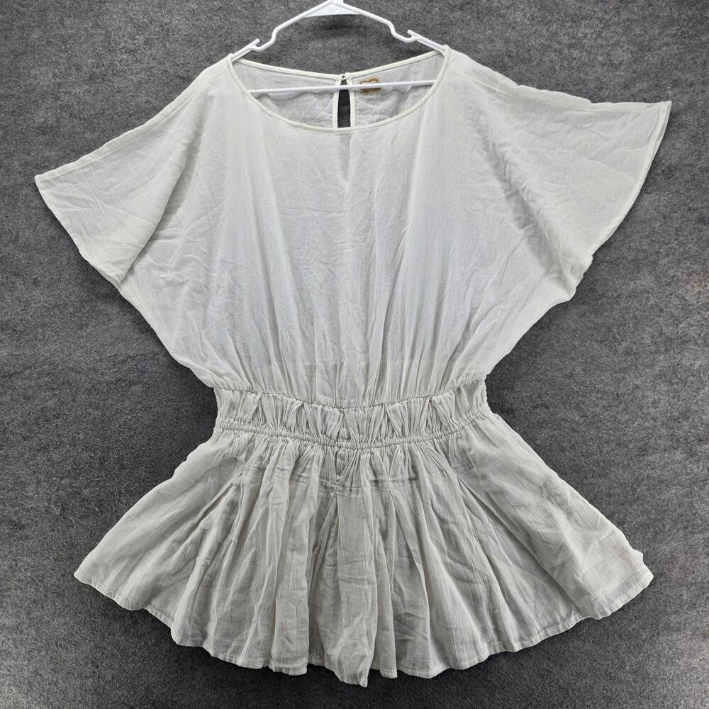 Free-EST Blouse Tunic Womens L White Kimono Sleeve Button Ruffle Relaxed Fit